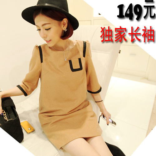 2012 autumn and winter long-sleeve camel one-piece dress leather slim woolen one-piece dress autumn one-piece dress thick female