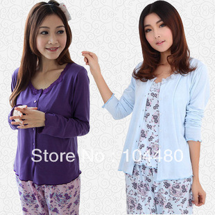 2012 autumn and winter long-sleeve spaghetti strap Women sexy 100% cotton sleepwear three-pieces set  lounge