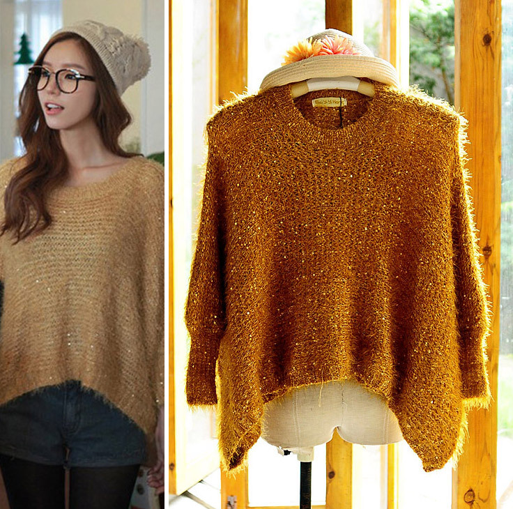 2012 autumn and winter loose irregular batwing sleeve paillette sweater faux domesticated hen casual sweater