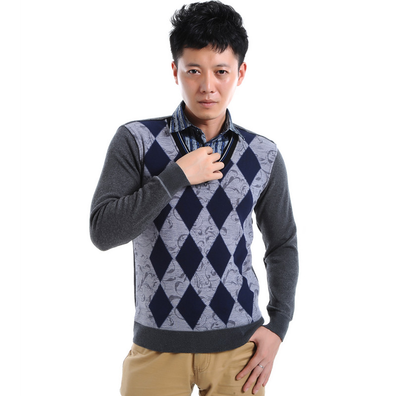 2012 autumn and winter male shirt collar knitted sleeve thickening plus velvet thermal underwear upperwear thermal shirt