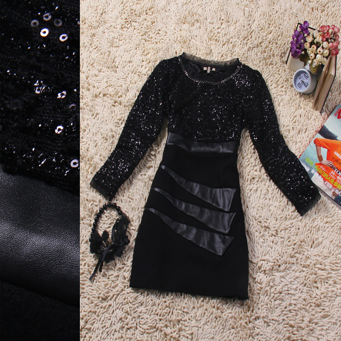 2012 autumn and winter metal paillette leather patchwork hip slim one-piece dress 19a1123