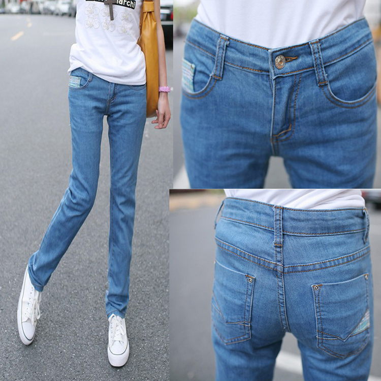 2012 autumn and winter mid waist 100% cotton slim women's jeans straight jeans trousers