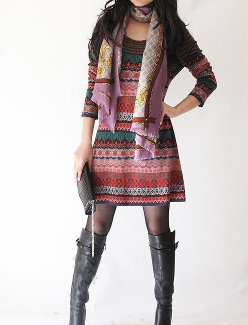 2012 autumn and winter national trend fashion stripe flower o-neck medium-long sweater one-piece dress knit dress sweater