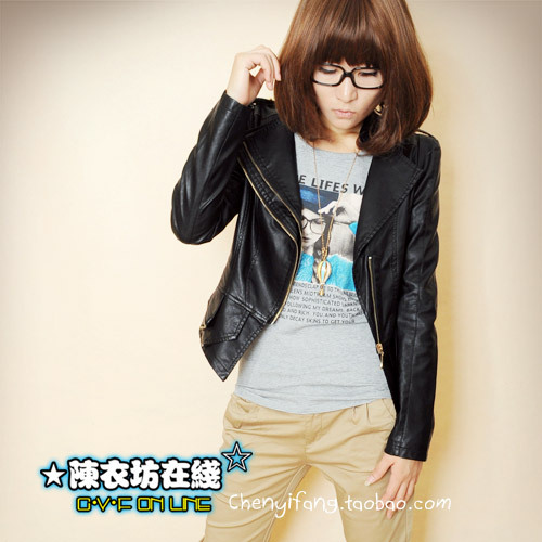 2012 autumn and winter new arrival fashion cool double collar PU outerwear jacket motorcycle short design slim women's leather