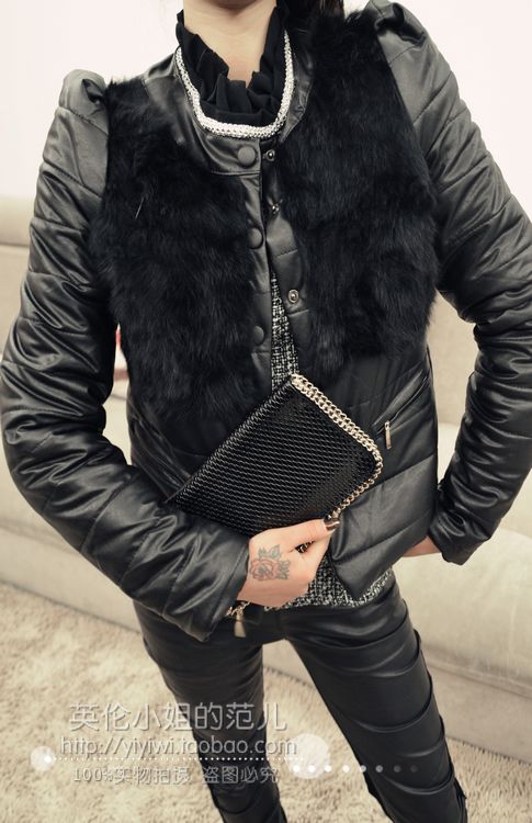 2012 autumn and winter new arrival female fur collar thickening short design slim cracked skin suit outerwear
