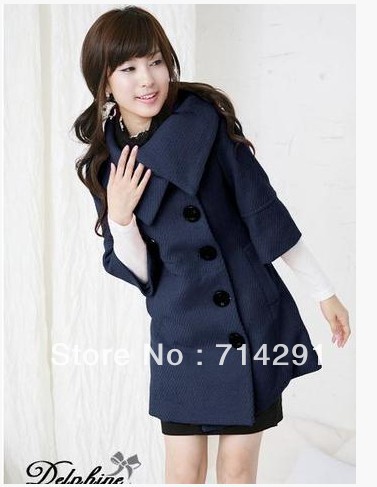 2012 autumn and winter new arrival solid color trench woolen outerwear medium-long half sleeve single breasted overcoat