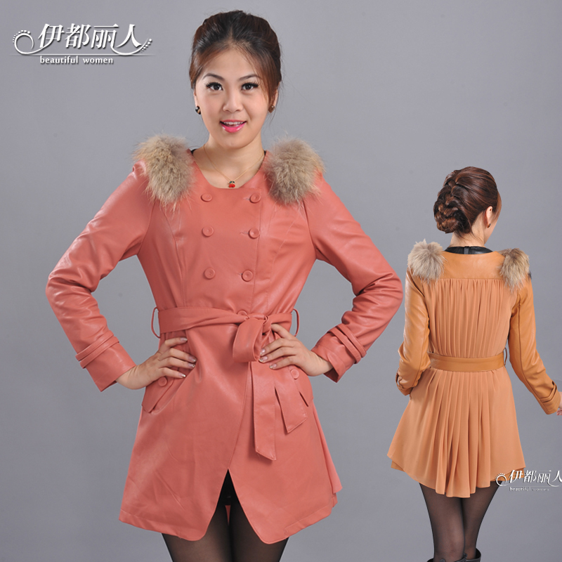 2012 autumn and winter new arrival women leather clothing medium-long plus size PU trench a1259