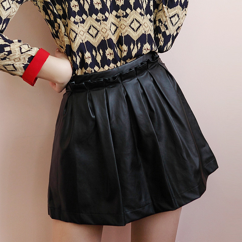 2012 autumn and winter new arrival women's high waist pleated black leather skirt puff skirt