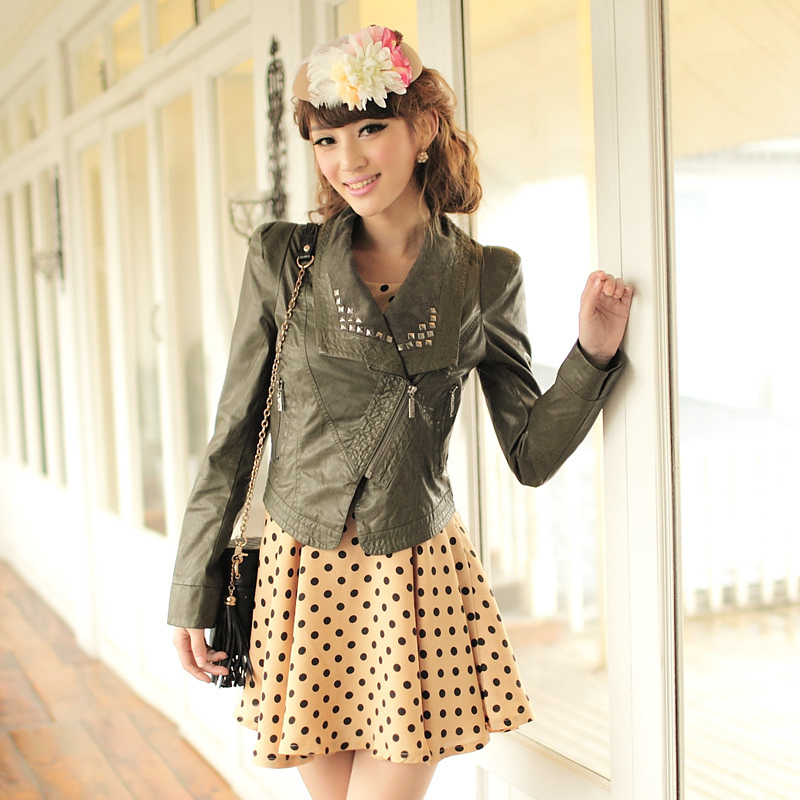 2012 autumn and winter new arrival women's high waist rivet oblique zipper outerwear leather clothing