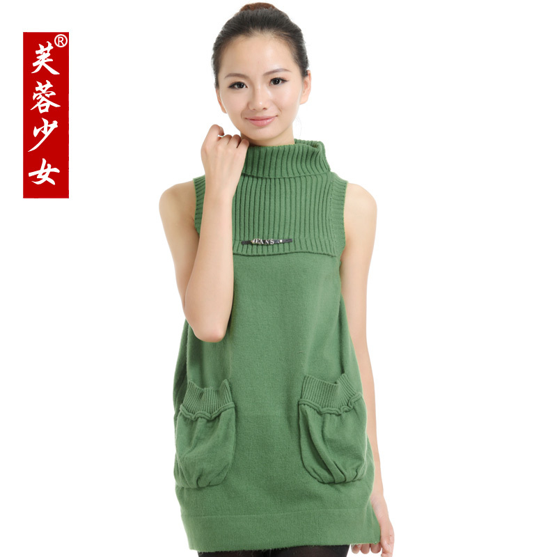 2012 autumn and winter new arrival women's medium-long sleeveless turtleneck sweater pocket fashion slim basic sweater