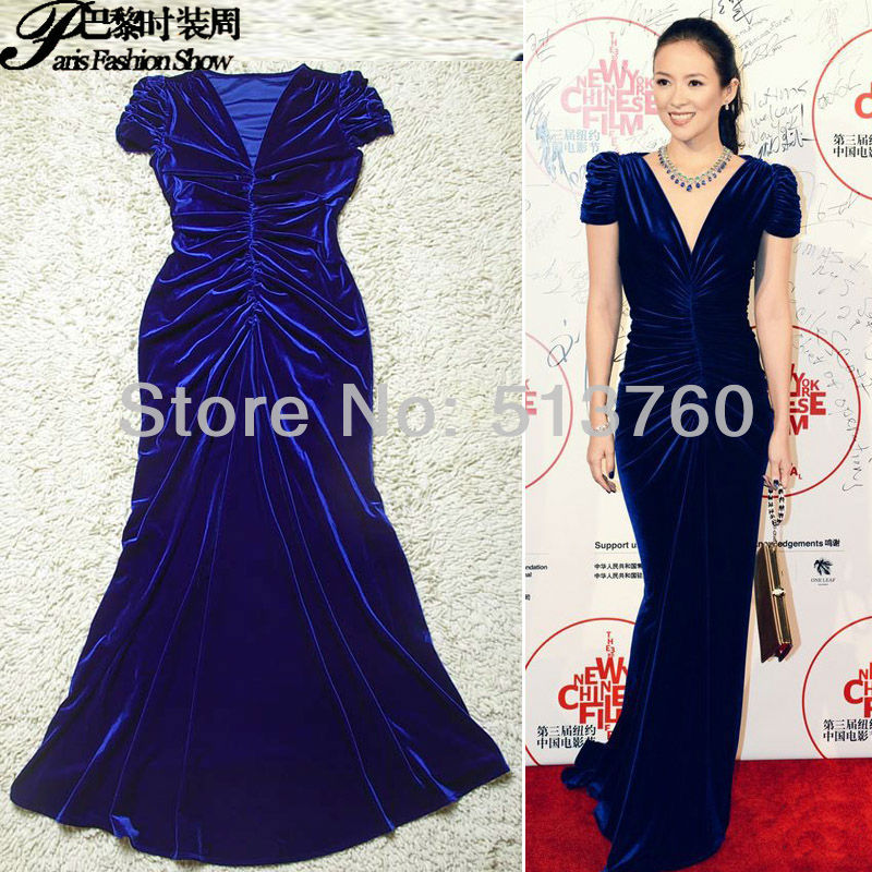 2012 autumn and winter new star luxury velvet V-neck  long section of the dress