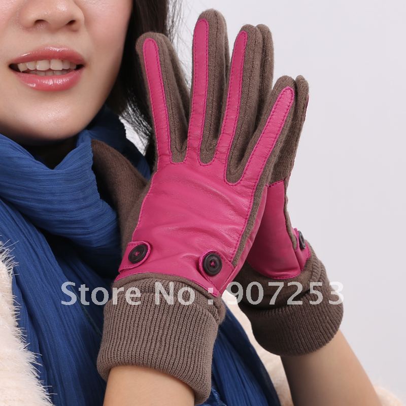 2012 autumn and winter New warm high-grade wool stick leather gloves