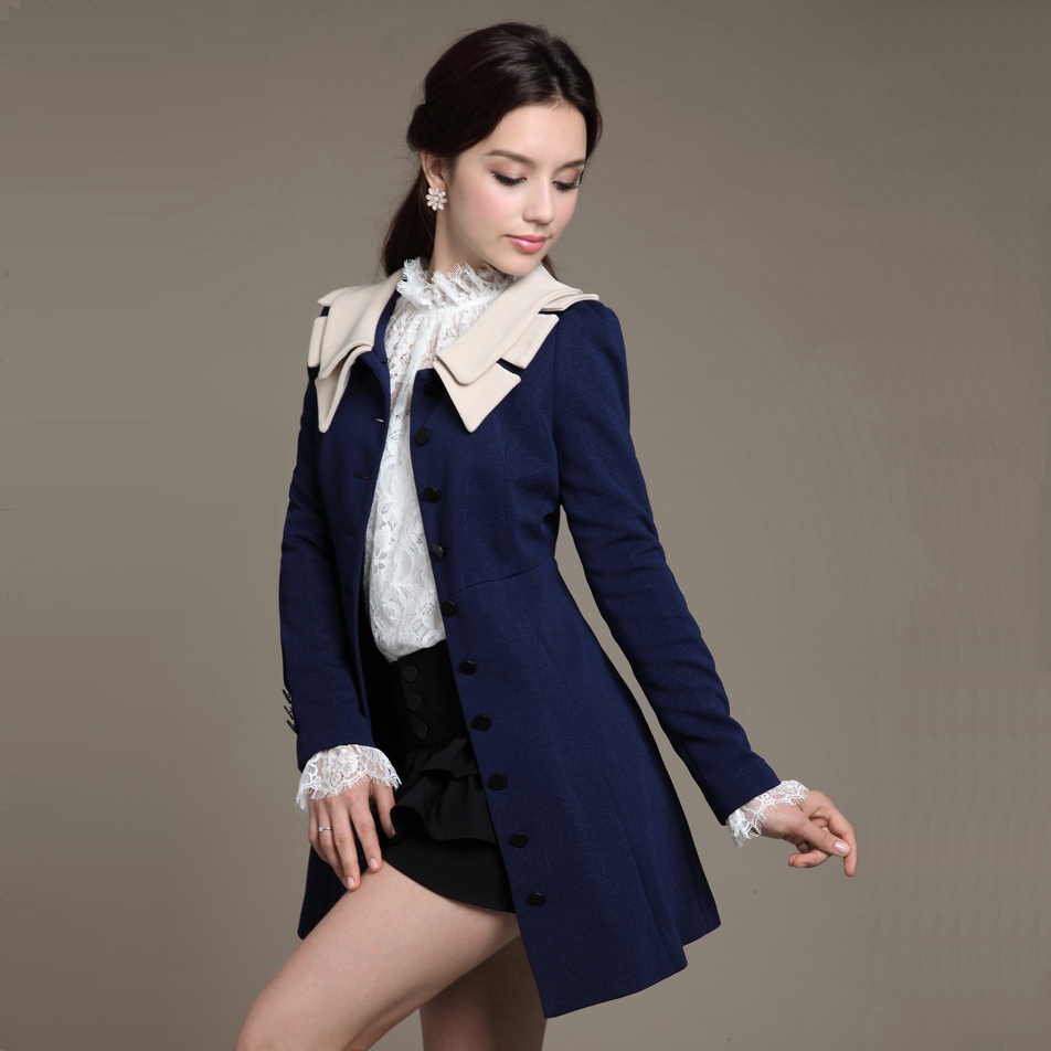 2012 autumn and winter outerwear women's slim medium-long single breasted color block decoration double layer collar trench