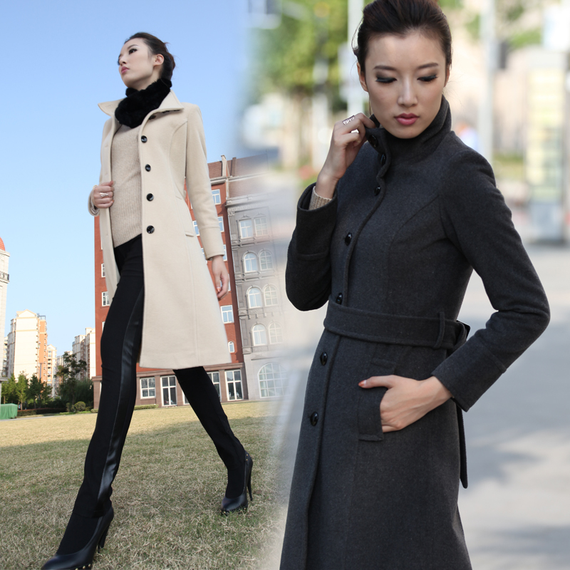 2012 autumn and winter overcoat woolen outerwear trench plus size long design stand collar female wool coat