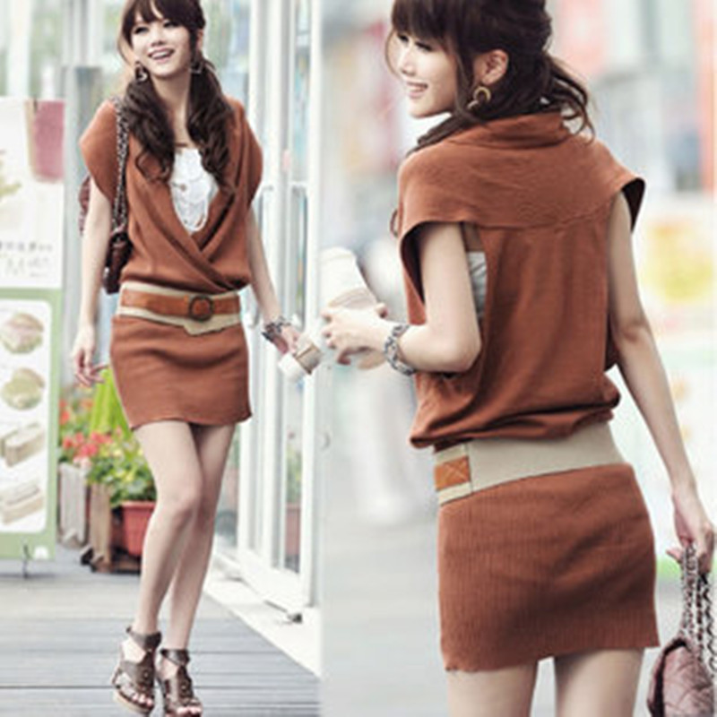 2012 autumn and winter placketing V-neck knit sleeveless dress hip slim one-piece dress sweater belt 5