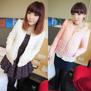 2012 autumn and winter plus size clothing lace pearl laciness polka dot long-sleeve short design wadded jacket outerwear