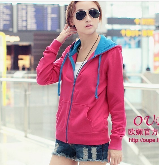 2012 autumn and winter plus size color block color block decoration casual with a hood zipper-up coat women's sweatshirt