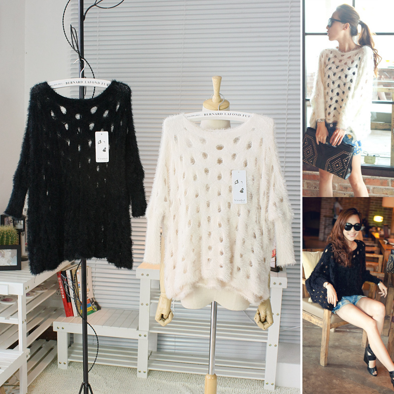 2012 autumn and winter plus size loose batwing sleeve hole cutout plush mohair sweater 1207