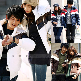 2012 autumn and winter plus size slim lovers stripe patchwork hooded thickening cotton-padded jacket outerwear