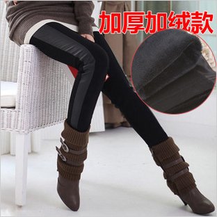 2012 autumn and winter plus velvet thickening brushed skinny legging pants plus velvet patchwork leather boot cut jeans female