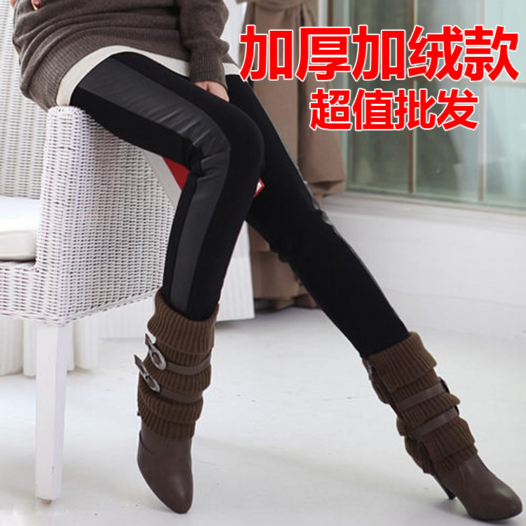 2012 autumn and winter plus velvet thickening velvet slim skinny pants plus velvet patchwork faux leather boots legging