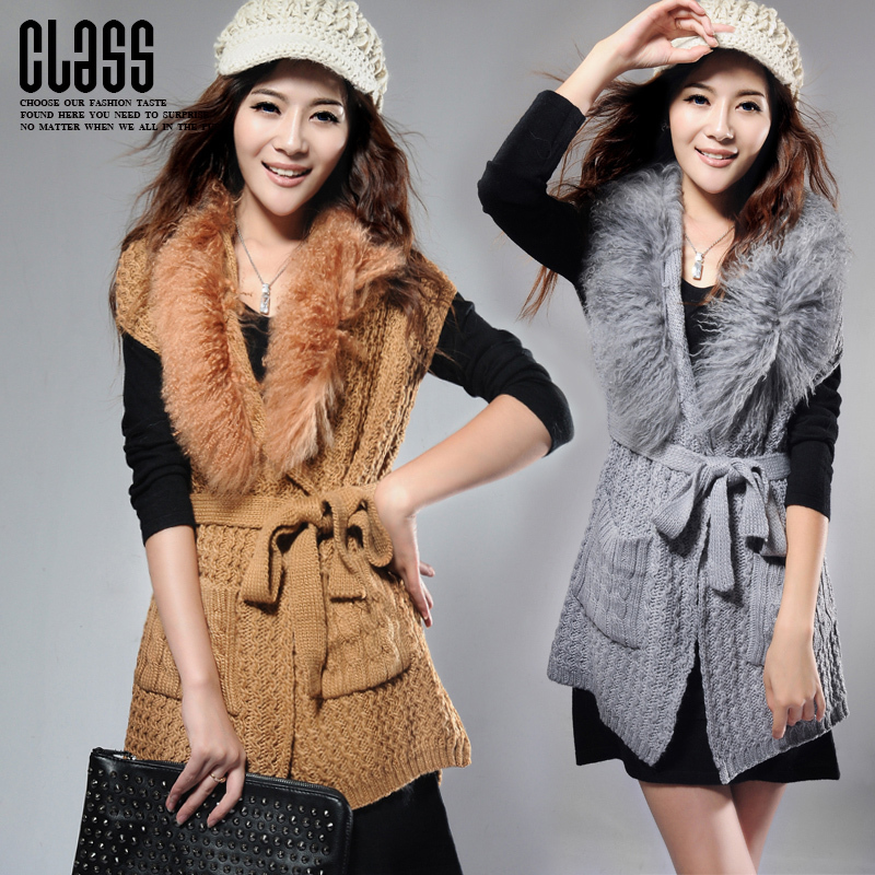2012 autumn and winter plush sleeveless vest fur collar knitted vest female long design cashmere slim all-match outerwear