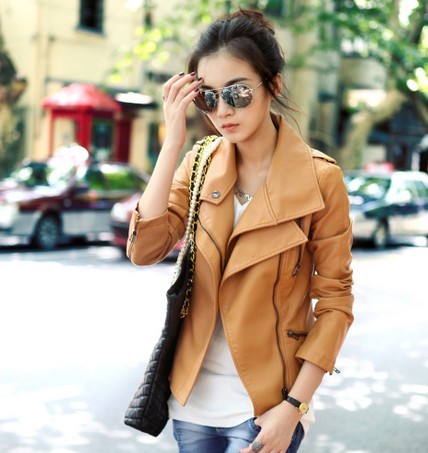 2012 autumn and winter PU leather coat double turn-down collar oblique zipper motorcycle short design women's small leather