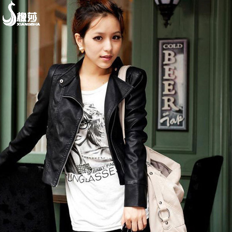 2012 autumn and winter PU outerwear motorcycle water wash leather jacket women's short design slim leather clothing