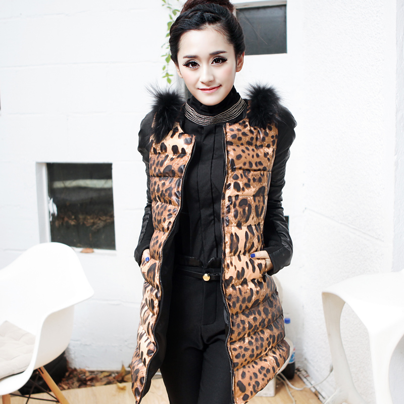 2012 autumn and winter PU patchwork rabbit fur decoration medium-long pocket zipper leopard print wadded jacket outerwear