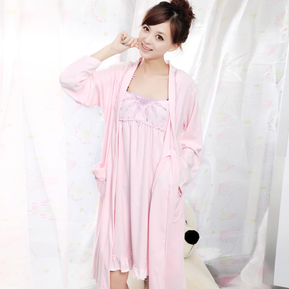 2012 autumn and winter pure toweled bathrobes robe spaghetti strap nightgown twinset sleepwear female (PJ001)