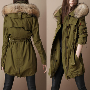 2012 autumn and winter raccoon fur classic olive clothing wadded jacket plus size medium-long overcoat tooling cotton-padded