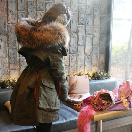 2012 autumn and winter raccoon fur with a hood slim waist military wind dovetail medium-long wadded jacket cotton-padded jacket