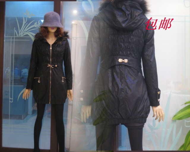 2012 autumn and winter real fur cap slim long-sleeve water wash PU thickening overcoat medium-long wadded jacket female