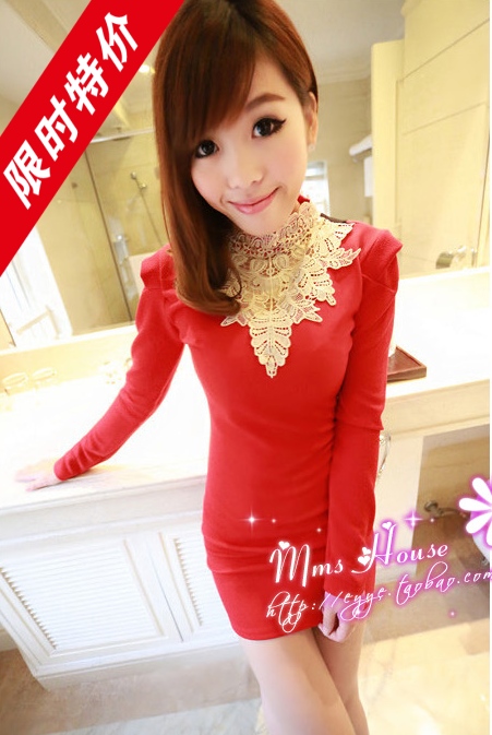 2012 autumn and winter sexy elegant gentlewomen ol vintage lace patchwork slim hip slim waist one-piece dress