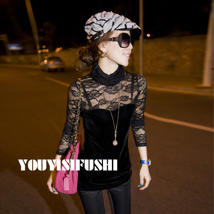 2012 autumn and winter sexy heap turtleneck lace patchwork basic lace shirt