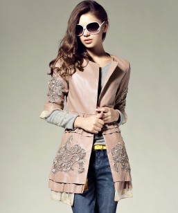 2012 autumn and winter sheepskin leather embroidered clothing three quarter sleeve design long leather coat slim