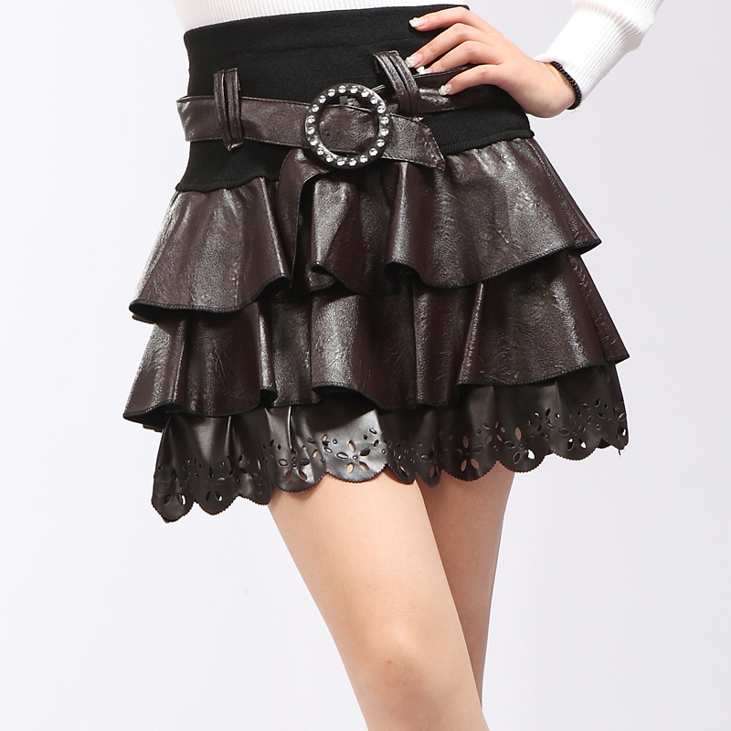 2012 autumn and winter short skirt female layered dress pleated bust skirt multi-layer ruffle leather skirt