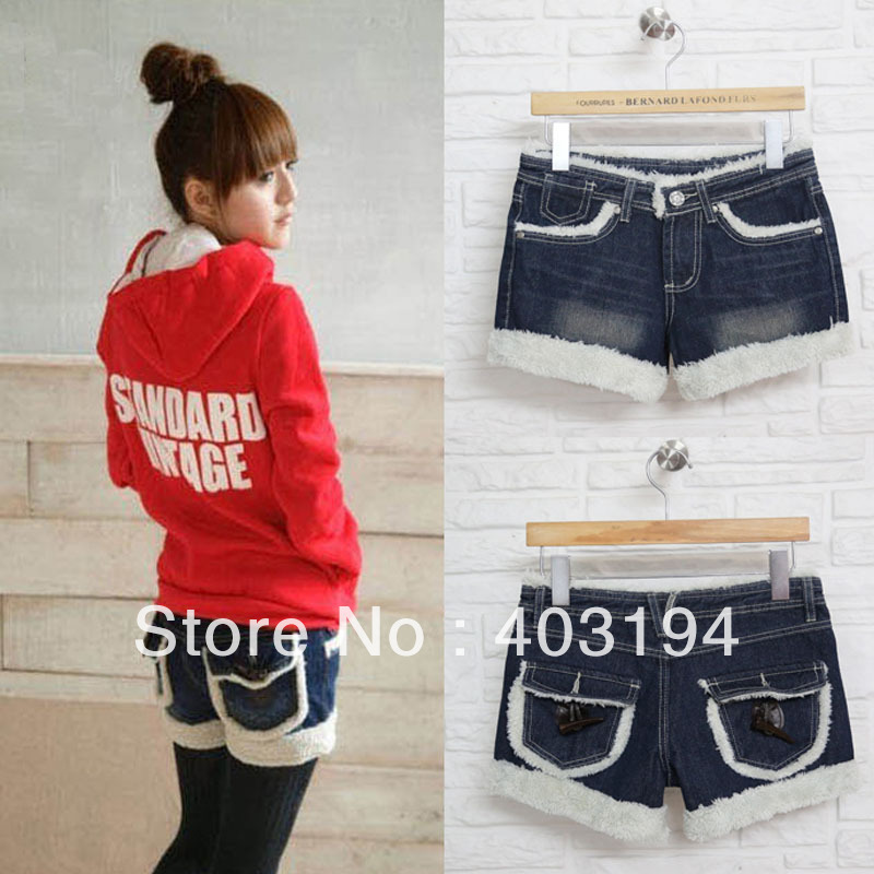 2012 autumn and winter shorts female horn button berber fleece butt-lifting boot cut jeans denim mid waist shorts free shipping