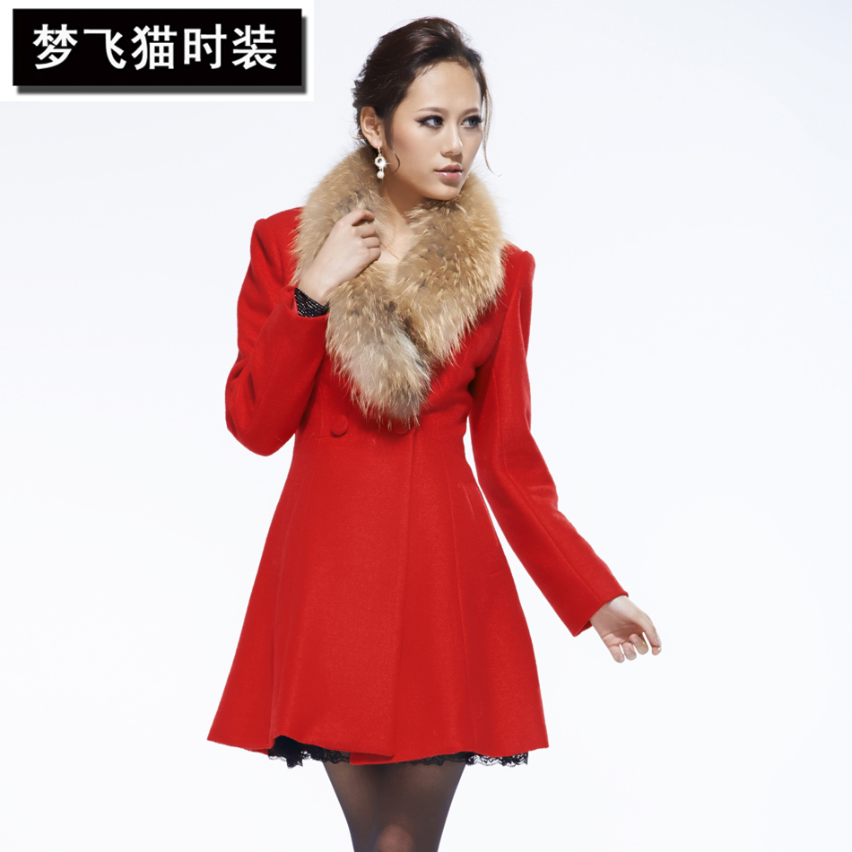2012 autumn and winter slim double breasted wool coat genuine leather super large raccoon fur woolen trench outerwear