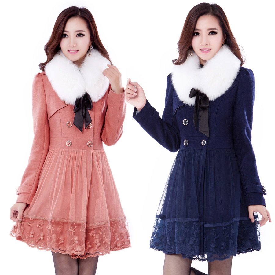 2012 autumn and winter slim large fur collar women's long design wool trench woolen outerwear wool coat