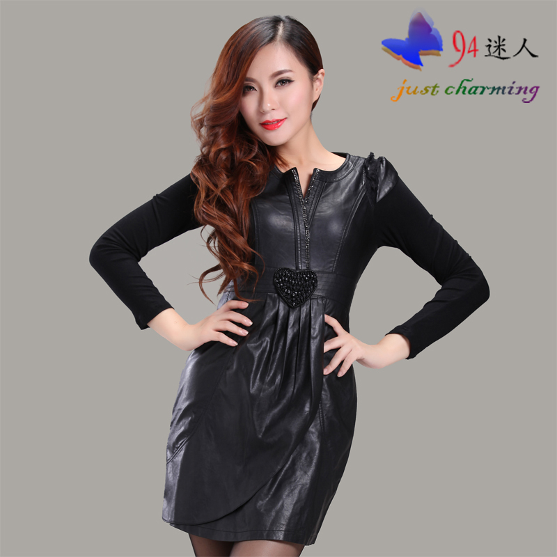2012 autumn and winter slim long-sleeve water washed leather skirt plus size patchwork PU one-piece dress