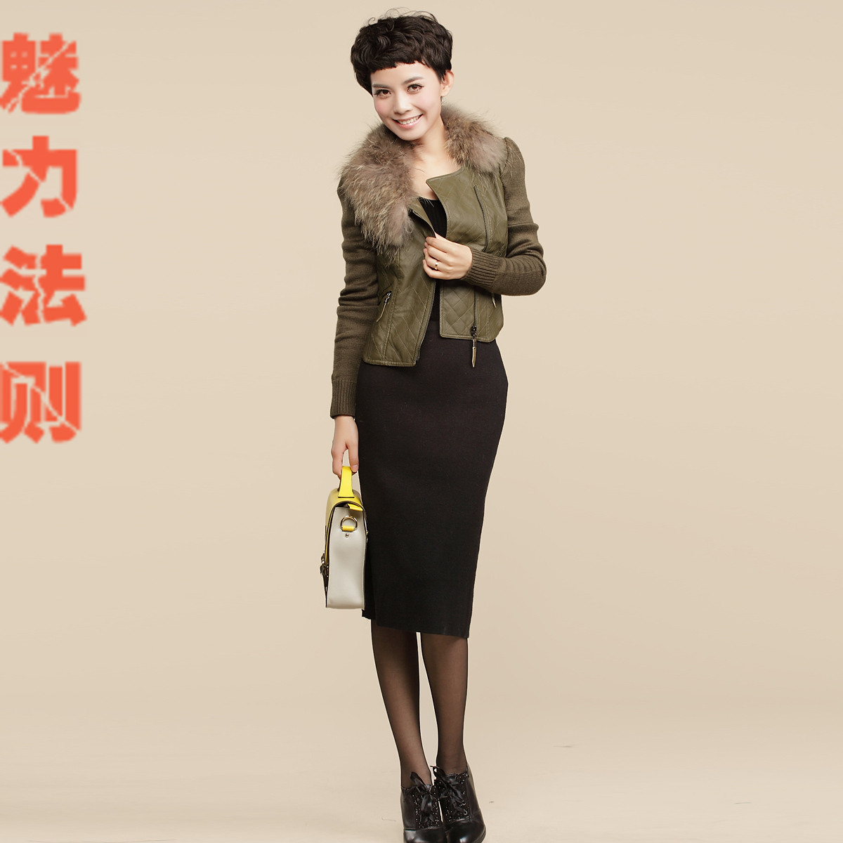2012 autumn and winter slim short design raccoon fur water wash PU patchwork outerwear female leather clothing