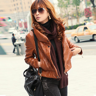 2012 autumn and winter slim stand collar short design leather clothing outerwear