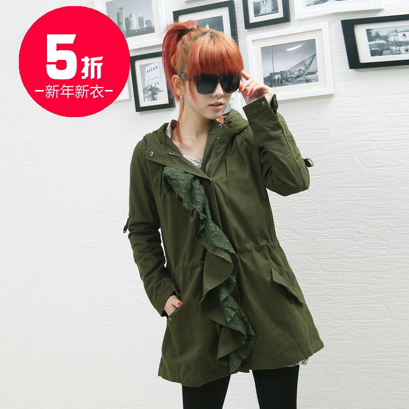 2012 autumn and winter spring casual print lining lace medium-long long-sleeve hooded women's trench ww1852