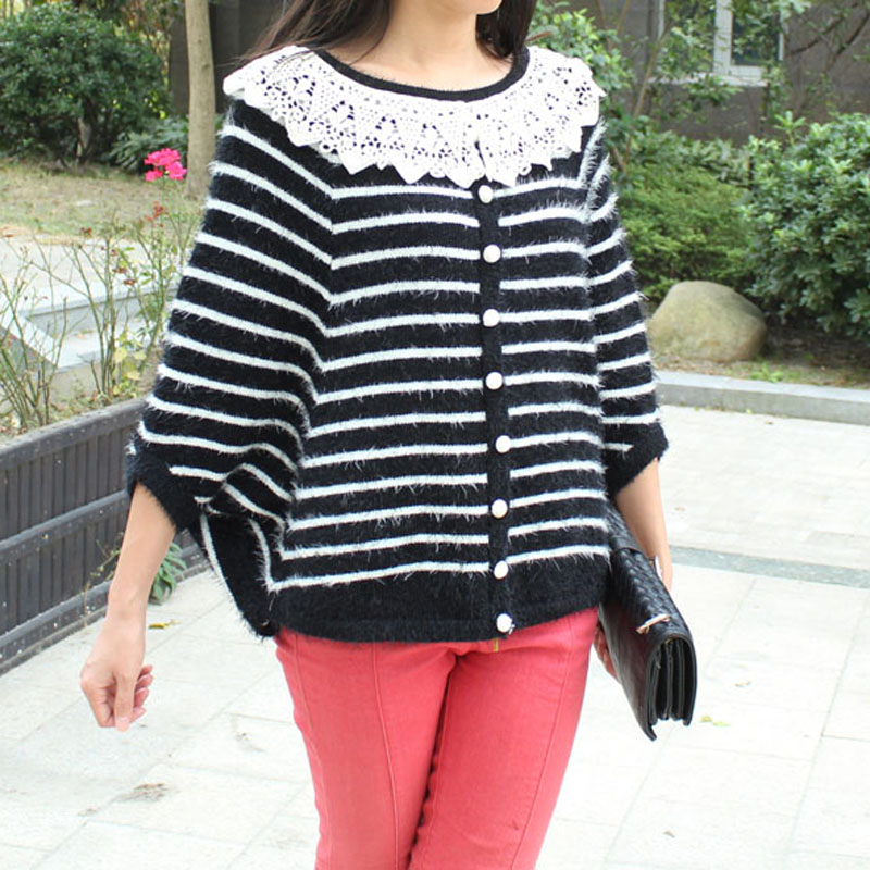 2012 autumn and winter stripe batwing sleeve lace turn-down collar cardigan sweater pullover wool sweater female