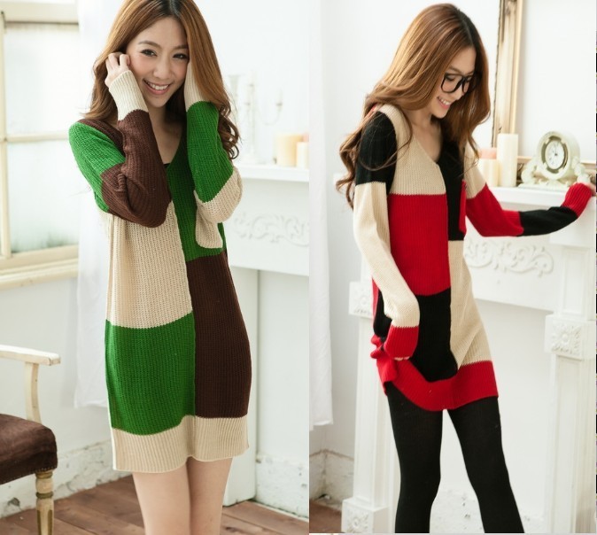 2012 autumn and winter sweater female slim medium-long loose color block decoration outerwear basic