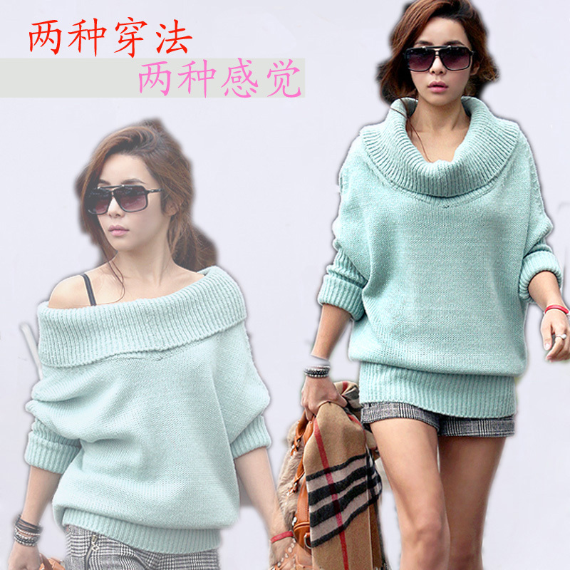 2012 autumn and winter sweater outerwear female loose plus size sweater thickening long design batwing sleeve two ways sweater