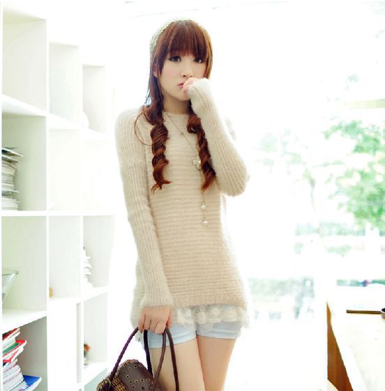 2012 autumn and winter sweep lace decoration loose plus size bat medium-long knitted basic shirt