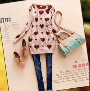 2012 autumn and winter sweet love loose thickening sweater medium-long basic double layer sweater