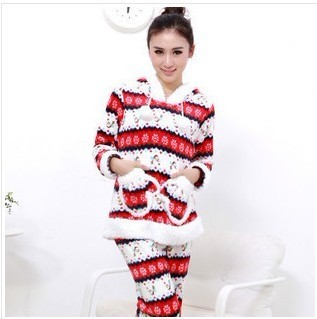 2012 autumn and winter the warm Christmas Snow Cartoon  Striped pajamas for women / coral thick velvet women pajamas